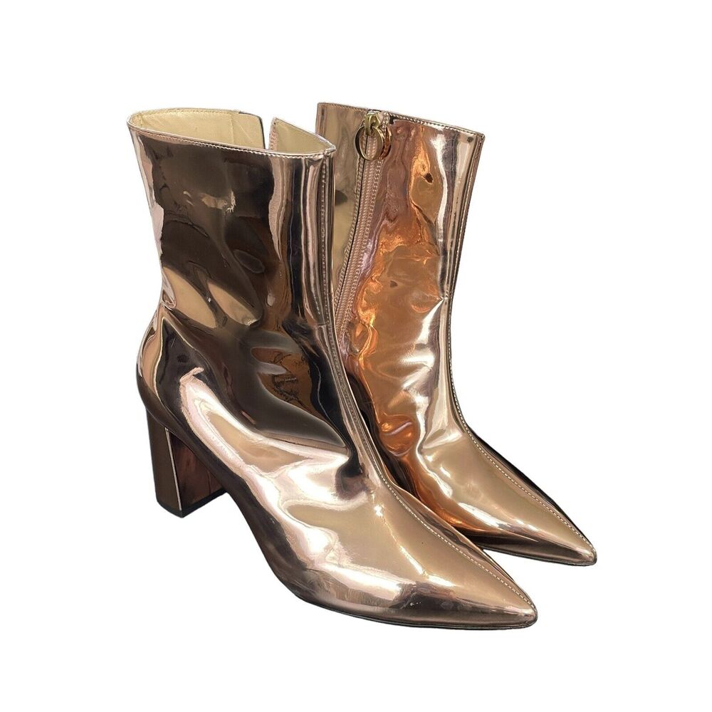 O Jour Boots Womens Size EU 38 US 8 Pointed Toe Block Heel Rose Gold Metallic